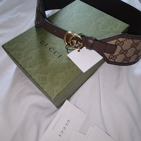 100 % Authentic Gucci Brown GG Canvas and Leather Buckle Wide Waist Belt 85CM - Picture 5 of 11